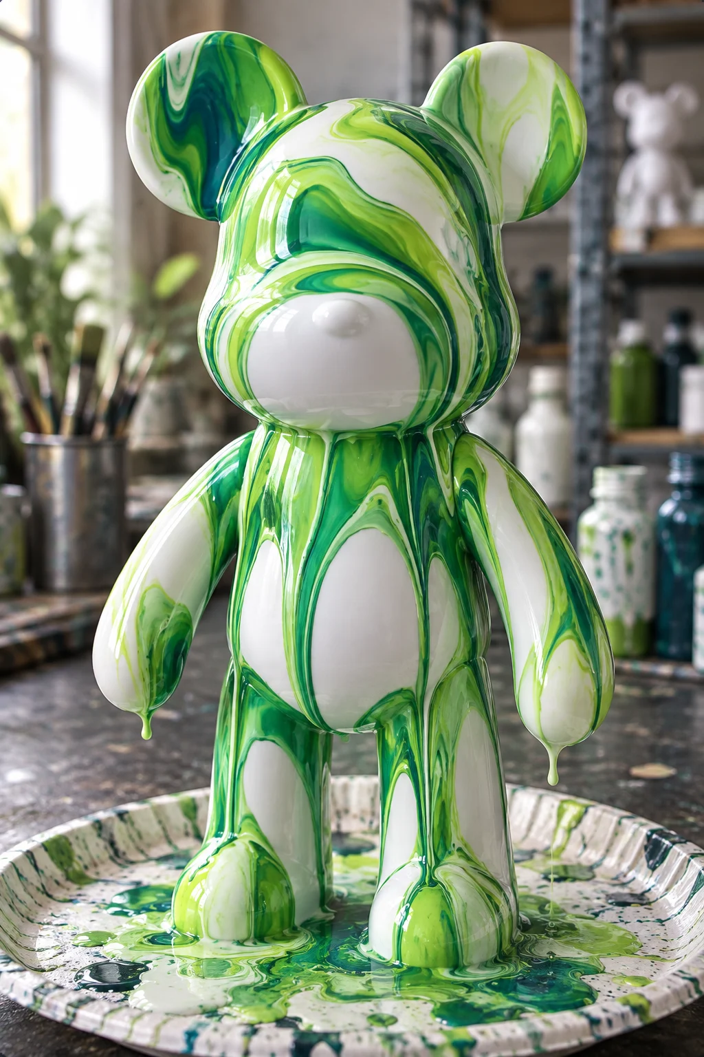Glanzende art bear met groene, witte en turquoise gietverf
