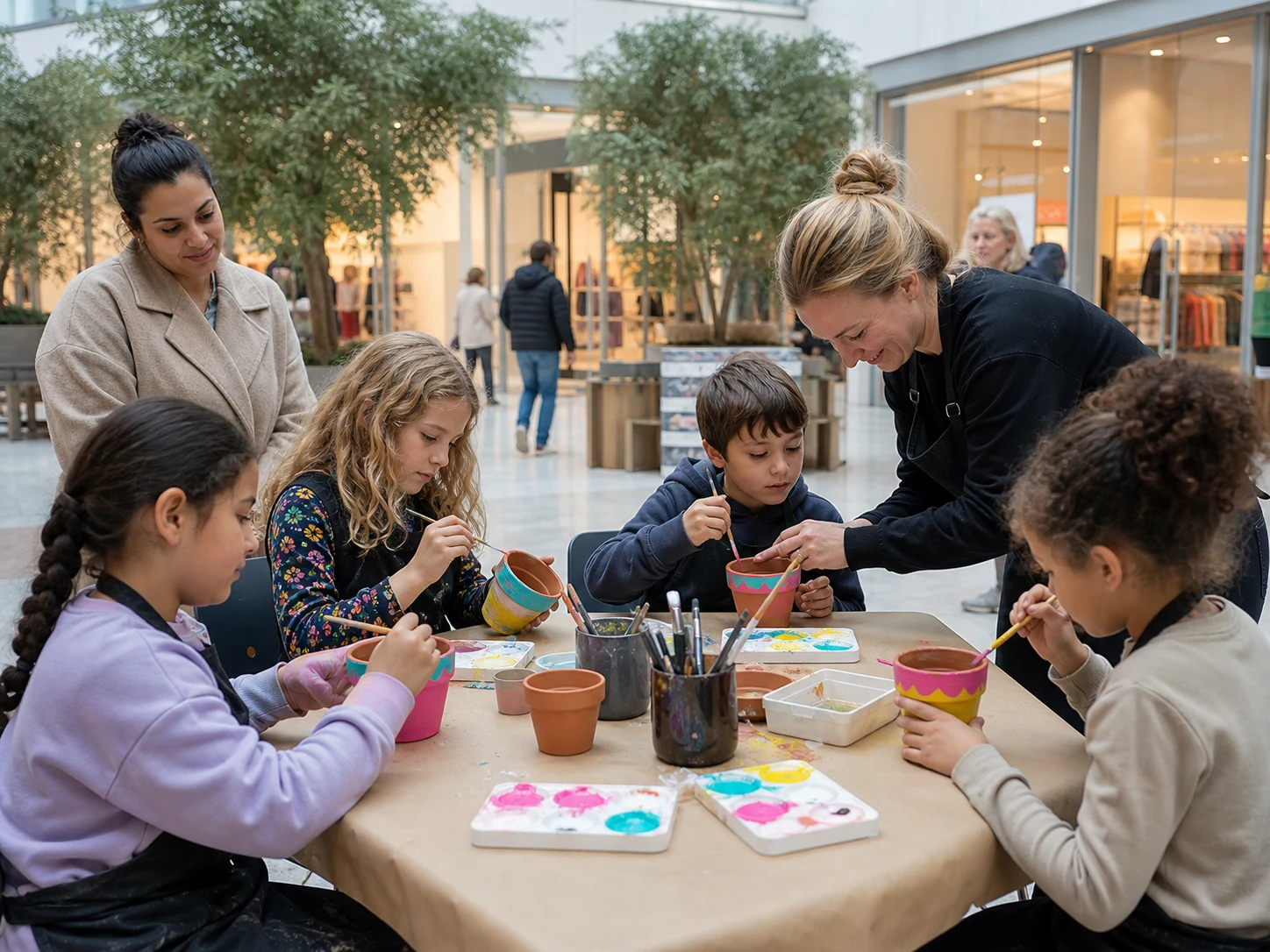 Kinderen beschilderen potjes aan een creatieve pop-uptafel in een winkelcentrum, met hulp van een begeleider