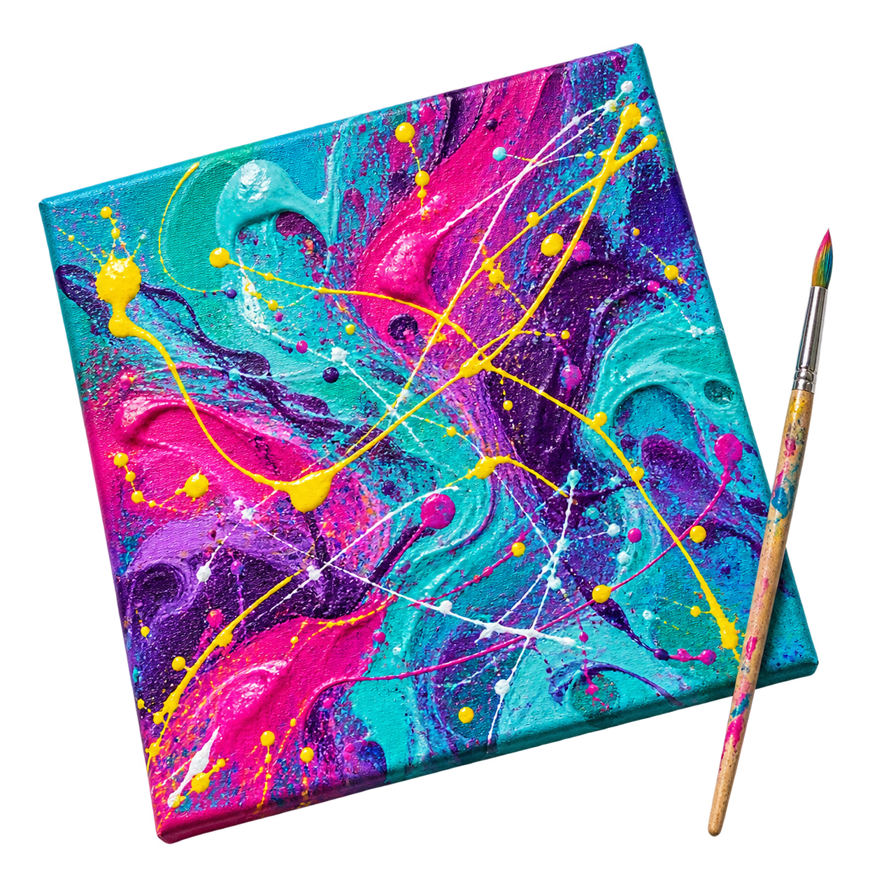 Een kleurrijk canvas met gele spetters en een fijne kwast