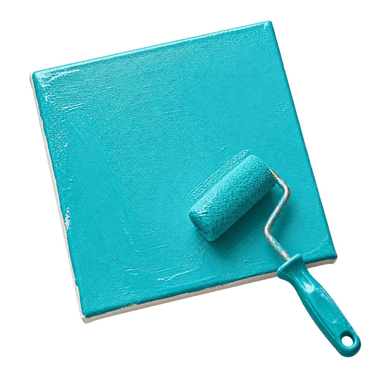 Een turquoise grondlaag met een verfroller