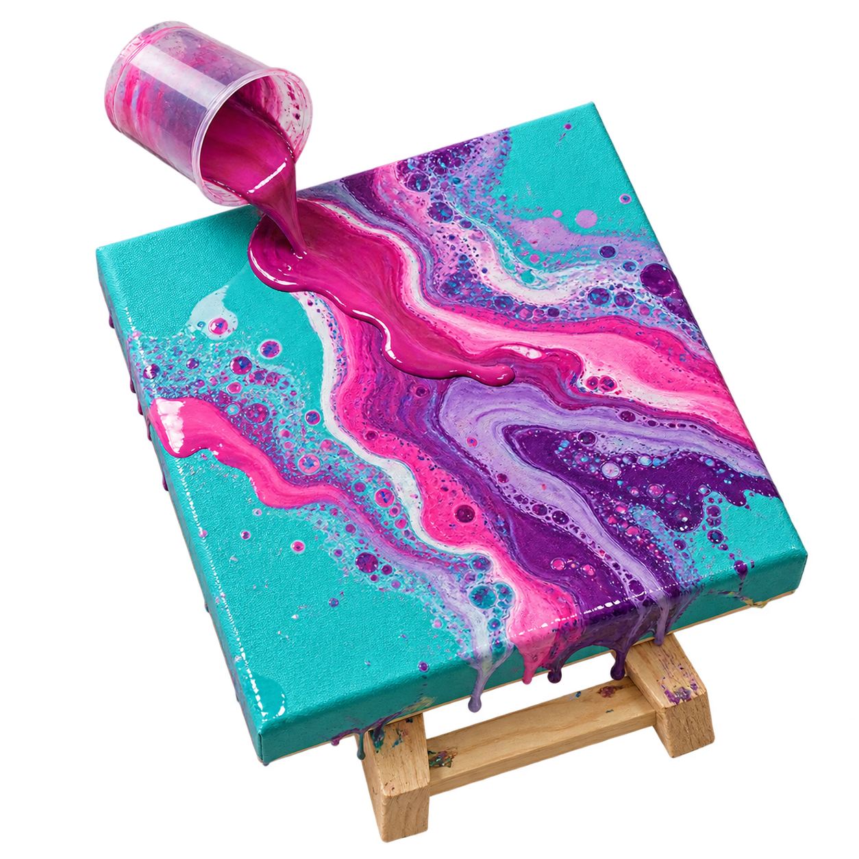 Roze en paarse verf stroomt over een turquoise doek