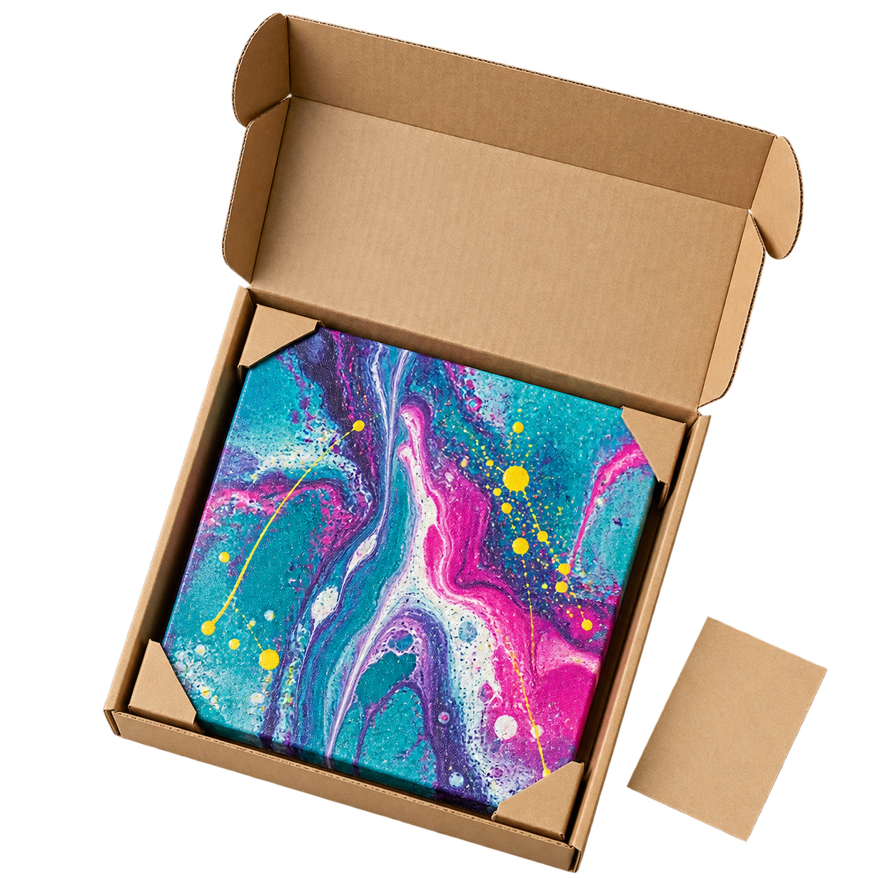 Het beschilderde canvas veilig in een transportdoos