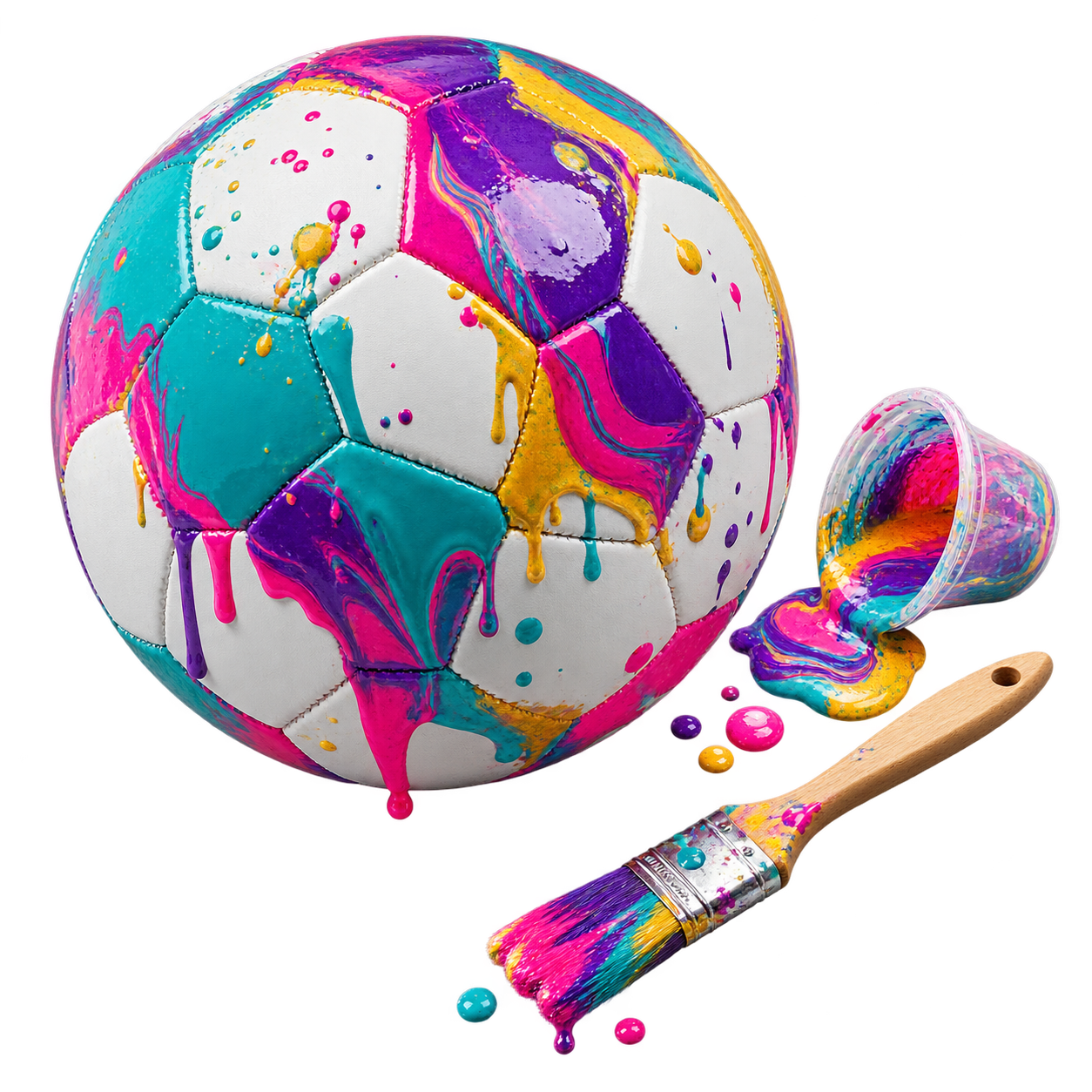 Een voetbal met kleurrijke drips en een kwast