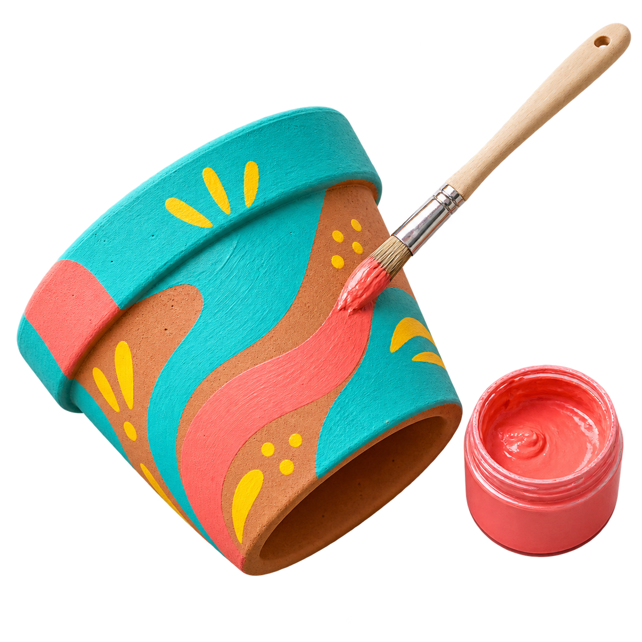 Een terracotta pot met turquoise, koraalroze en gele verf