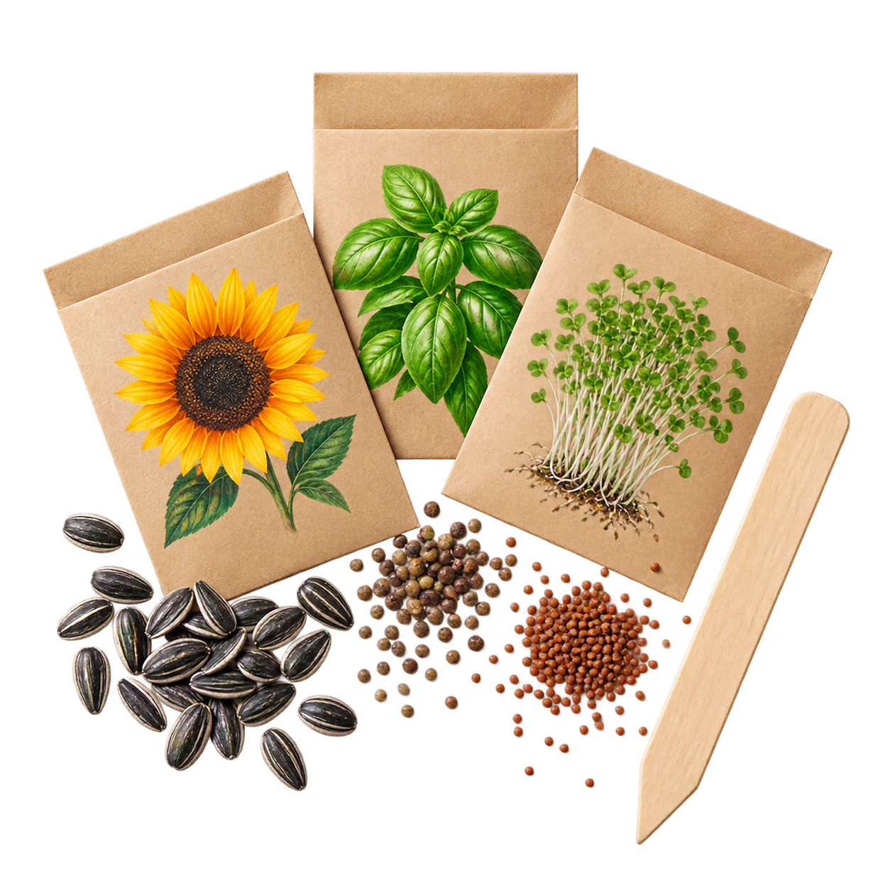 Zaadzakjes voor zonnebloem, tuinkers en basilicum