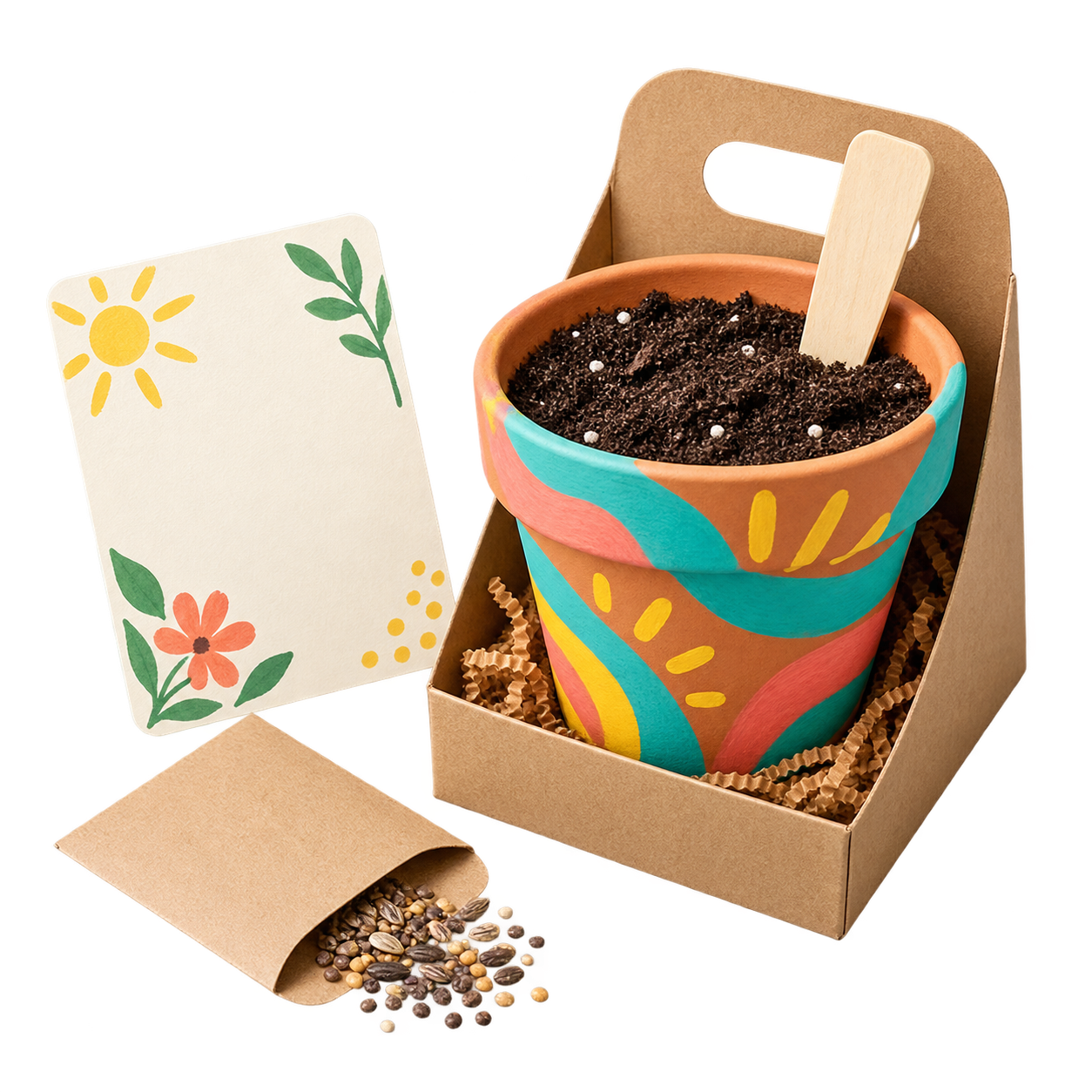 De ingezaaide pot met een groeikaart, klaar om mee te nemen
