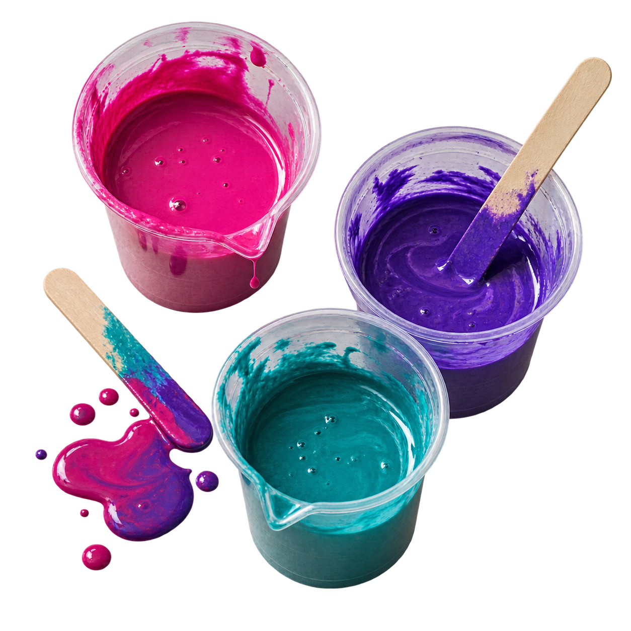 Mengbekers met roze, paarse en turquoise gietverf