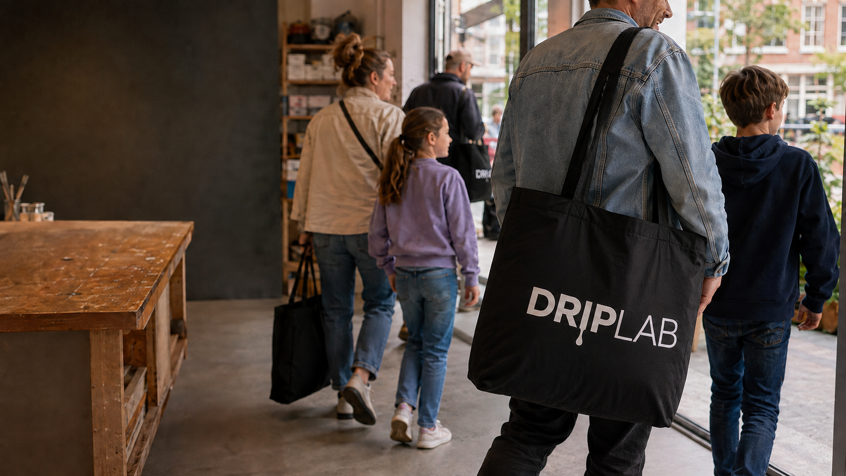Gezinnen verlaten de workshop met gevulde zwarte DRIPLAB-tassen waarin hun werkstukken veilig zijn opgeborgen