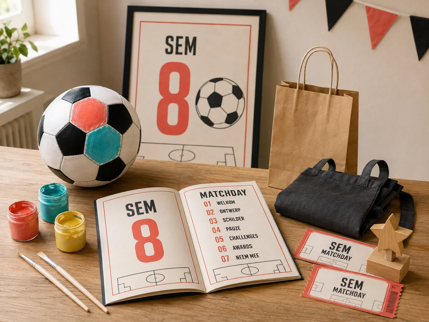 Voorbeeld van een Football-feestpakket met beschilderde bal, verf, schort, uitnodigingen, programmaboekje en persoonlijke poster