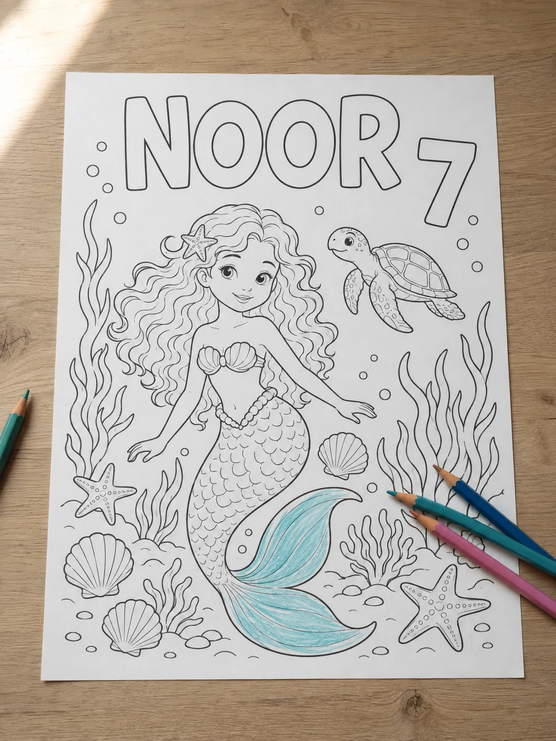 Zeemeerminkleurplaat met de naam Noor en een 7, met kleurpotloden op tafel