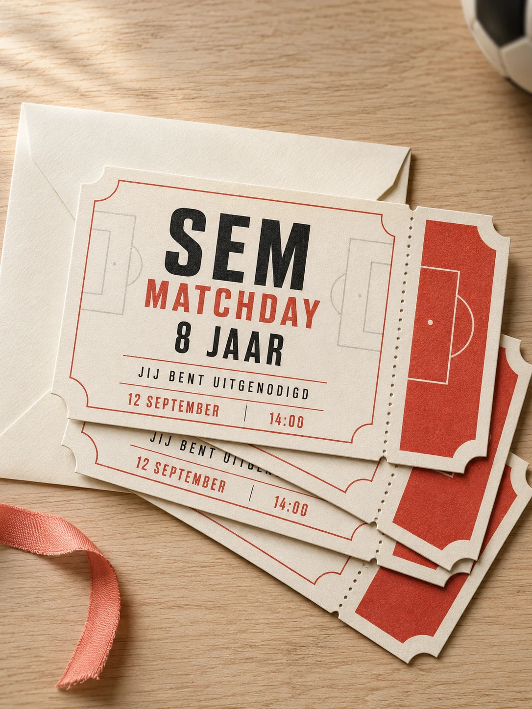 Gedrukte uitnodigingen voor Sems achtste verjaardag, vormgegeven als wedstrijdtickets