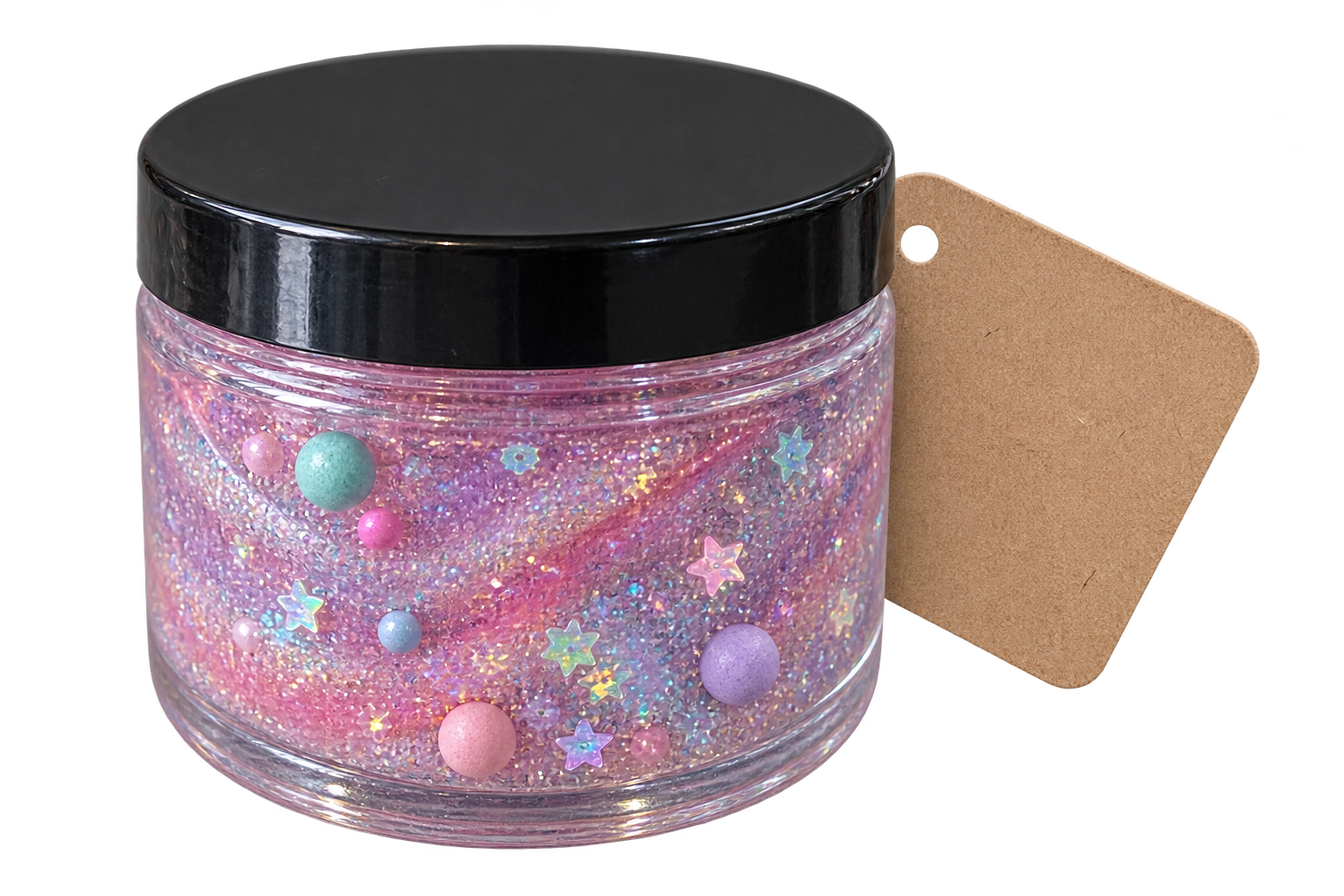Afsluitbaar potje met glitterslijm en een kaartje