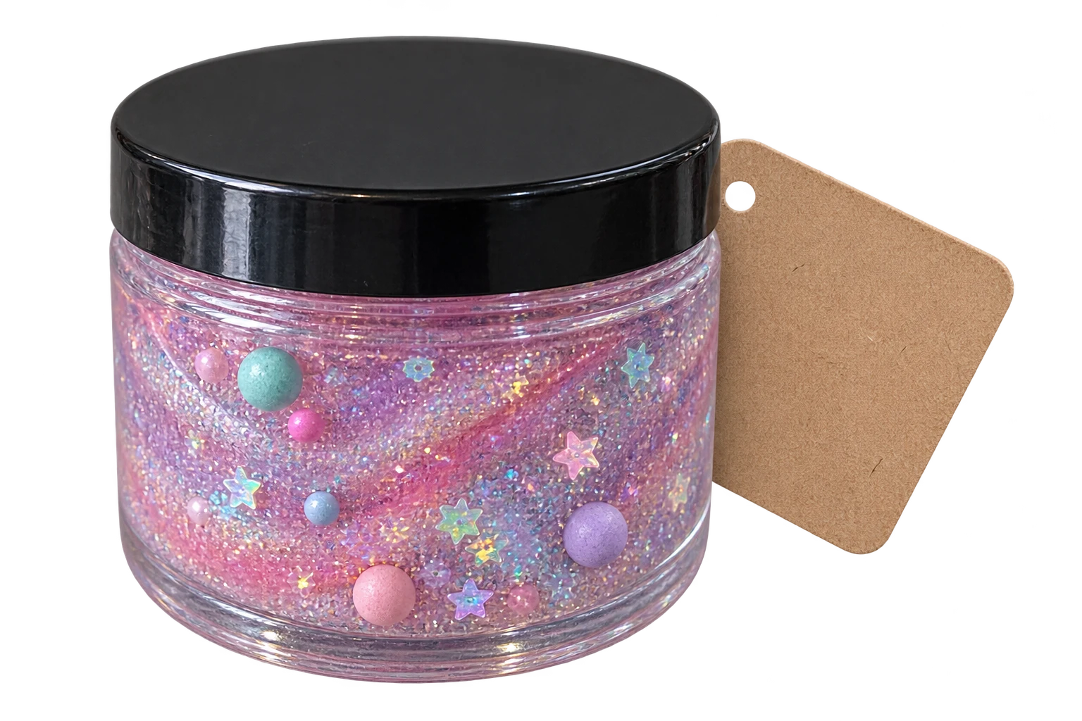 Realistisch potje met roze en paars glitterslijm en een verzorgingskaart