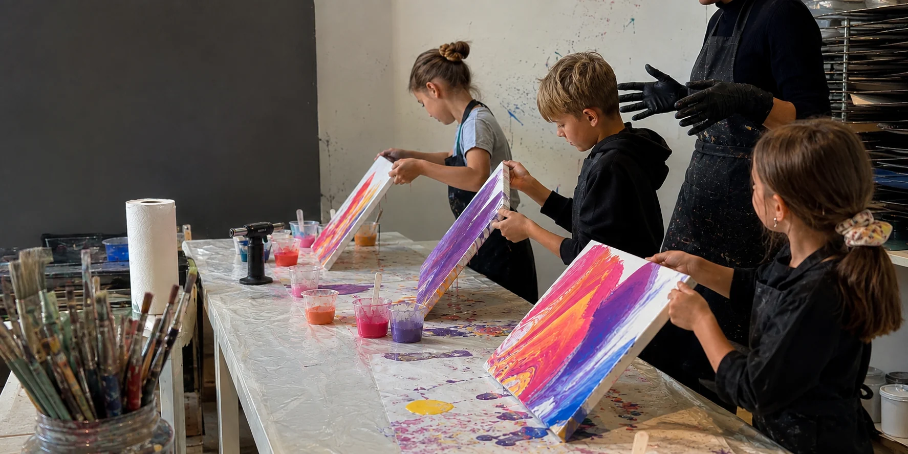 Verf laten vloeien over een eigen canvas tijdens de workshop